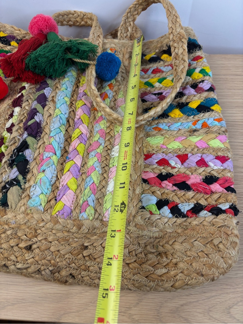 Unbranded Multicolor Braided Jute Tote Bag with Pom Pom Tassels - Picture 10 of 11